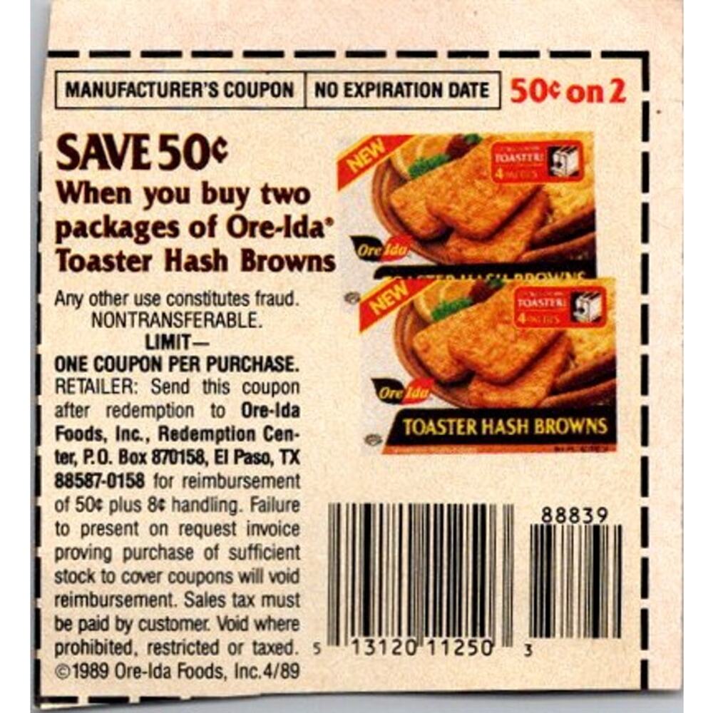 Save 50¢ 2 Packages Ore-Ida Toaster Hash Browns El Paso TX 1980s Coupon SAI1-M7